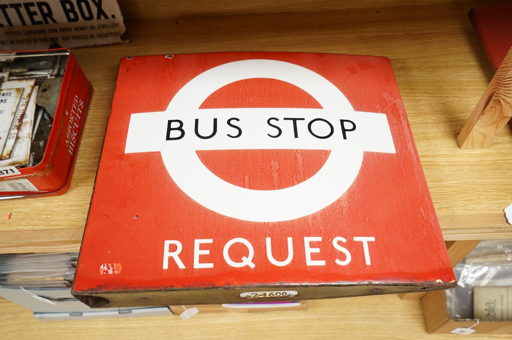 A London Transport double sided enamel Bus Stop Request sign, applied serial number underneath; 24600, and stencil makers mark to the side; Burnham - London